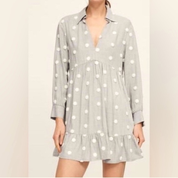 Zara Pom Polka Dot Babydoll Mini Contrast Dress Gray White Shirt Size Medium - Picture 1 of 15